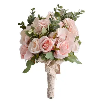 Poroka Poročni Šopek Ročno Umetno Rose Listi Evkaliptusa Družico ima Cvetje za Stranko Doma Namizni Dekor