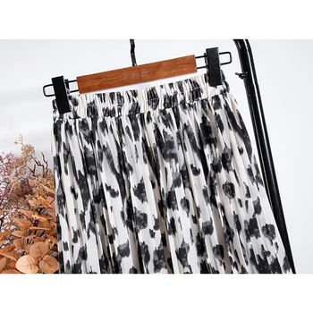 SURMIITRO korejskem Slogu Dolgo Krilo Ženske 2020 Jeseni Mode Črno Beli Leopard Tiskanja Šifon Visoko Pasu Midi Krilo Ženske