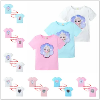 Poletje Baby Girl T-Shirt Čarobno Bleščica Spremembe Risanka, Zamrznjeno, Ana Elsa Bombaž Otrok, Športna Oblačila Modni Tshirt Otrok Vrh Tee