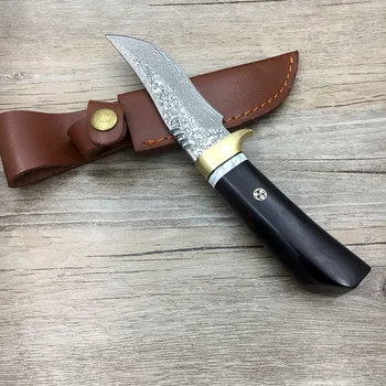 Ročno kovani Damask Jekla lovski nož omejeno nož ebony ročaj z Usnjeni plašč