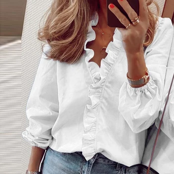 2021 Modi Nove Ženske Majica Elegantno Ruffle Proti-Vrat Trdna Ženska Bluza Priložnostne Svoboden Natisnjeni Dolg Rokav Lady Bluzo