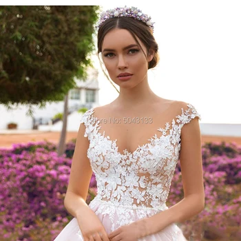 Skušnjava, Bele Rože Aplicirano Poročne Obleke 2021 Zajemalka Vratu Črto Gola Til Poročne Halje Plaži Dolžina Tal Nevesta Obleko