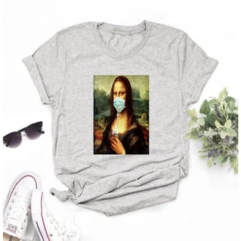 Mayos Mona Lisa Harajuku Estetske T-shirt Dame Retro Ullzang Natisnjeni T-shirt 90. letih Risanka Štirih barv Priložnostne Vrh