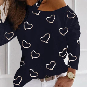 Pismo Ljubezen, tiskanje Povodcem Hladno Ramo Ženska T-Shirt 2020 Moda Dolg Rokav Vrhovi Puloverji Jeseni Priložnostne Slim Ulične