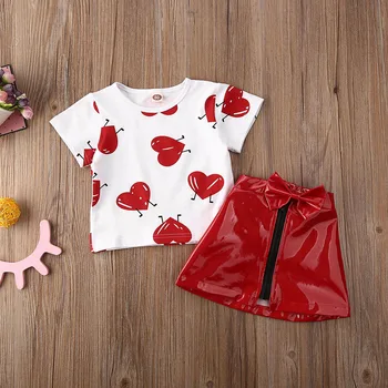 Valentinovo Otrok Baby Girl Obleke, Kompleti Ljubezen Natisnjeni T-shirt Vrhovi in Usnje Zip Krilo Poletne Obleke 0-5 Let