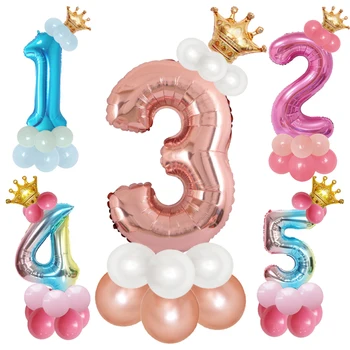 14PCS Modra, Pink Rose Gold Število Balon Happy Birthday Balon 1. Rojstni dan Dekoracijo Otroci Fant Dekle Stranka Ballon Število