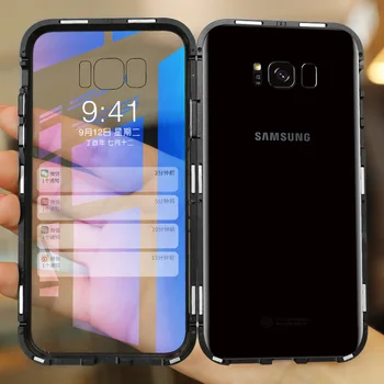 360 Magnetni Adsorpcije Primeru Telefon za Samsung Galaxy A7 A9 J4 J6 2018 S8 S9 Plus S7 Prednost Kaljenega Stekla Nazaj Magnet Opomba 8 9