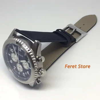 Bliger 45mm Usnjeni trak watch srebro primeru, črna številčnica, svetlobna Japonska VK kvarčni gibanje, moški Kronograf quartz uro