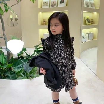 Jeseni Nov Prihod v korejskem slogu bombaž listov vzorec dolg rokav princesa obleko z gumbi za cute sweet baby dekleta