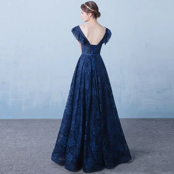2019 Novo Vintage V vratu A-linijo Dolgo Večerno Obleko Mornarsko Modra Til Seksi Prom Stranka Obleke