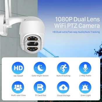 2020 Dvojno Objektiv 1080P Wifi PTZ Prostem CCTV Kamero Monitor 4X Zoom Brezžični Kupolo Samodejno Sledenje Alarm Sound Svetlobe Varnostne Kamere