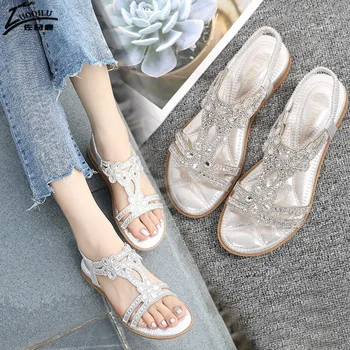 Kristalno ženske sandale 2020 zlato, srebro dame sandale ravno poletne čevlje, ženska poletne sandale velike velikosti 40 41 sandalia feminina