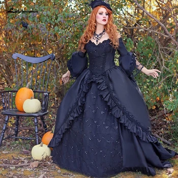 Lakshmigown Viktorijanski Gothic Obleke Žogo Črno Poročno Obleko 2021 Haljo Saten Noč Čarovnic, Božič Obleko Off Ramenski Čipke Beading